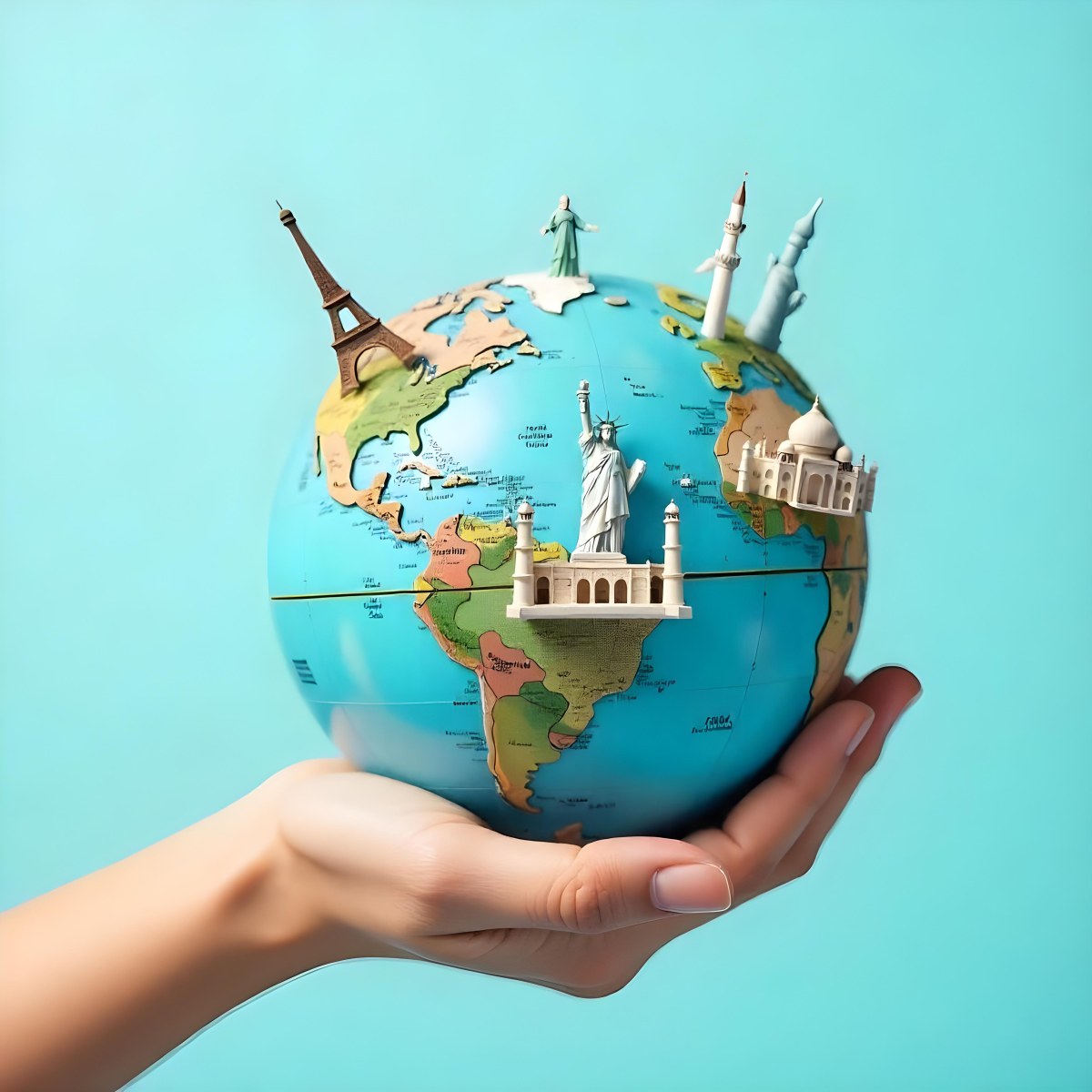 A Hand Holding A Globe Made Of Famous Landmarks