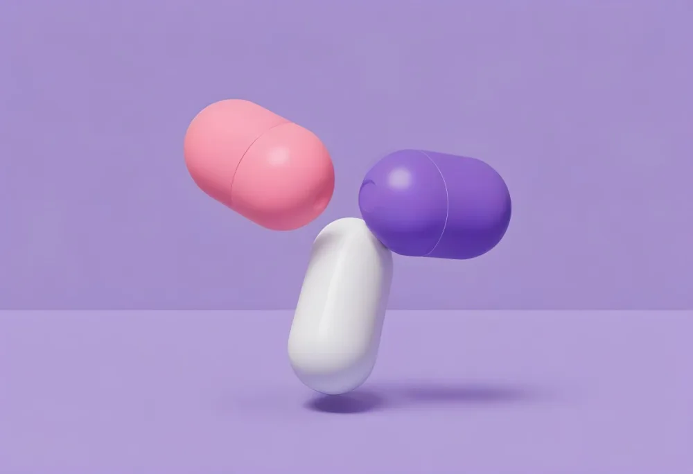 A Pink Pill And A Purple And White Capsule
