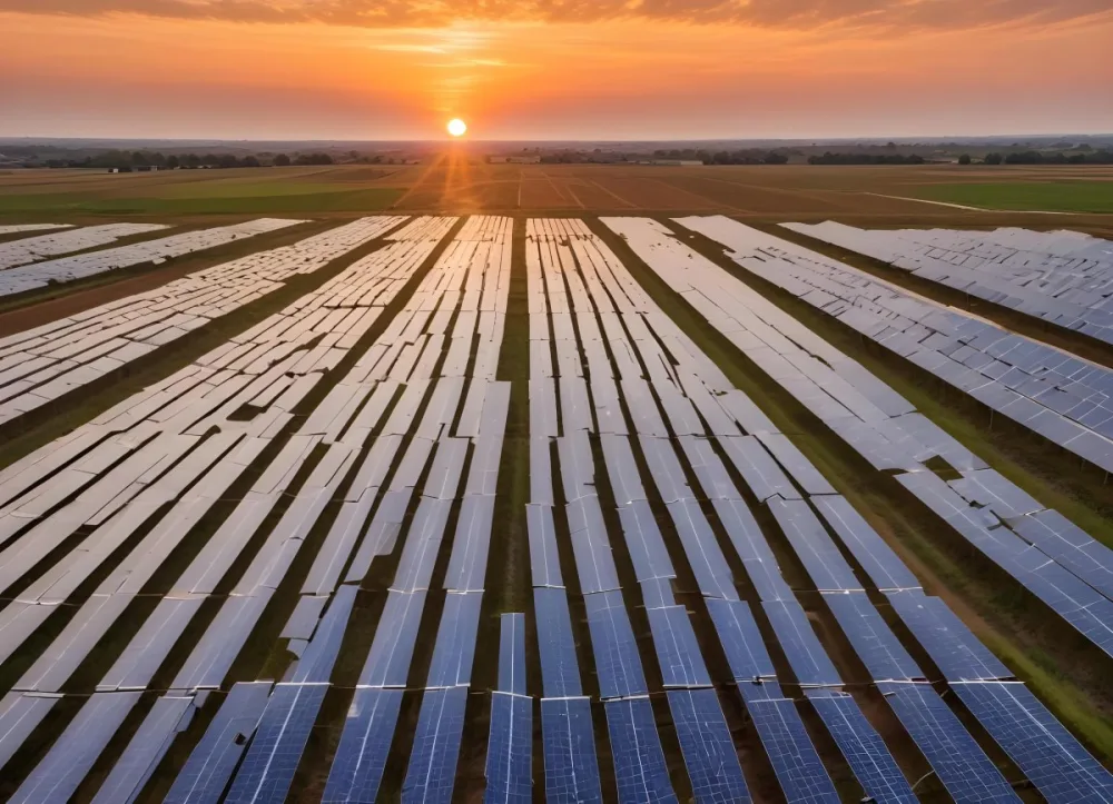 Solar Panel Field Reflecting The Orange Sunset The Panels