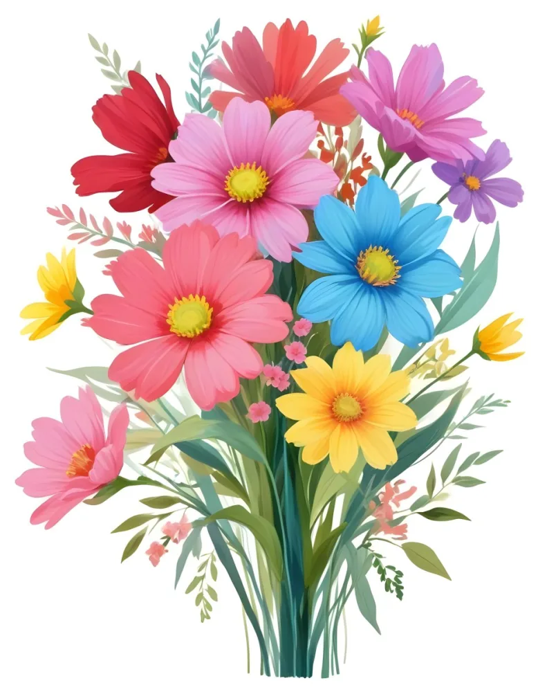 Digital Painting A Bouquet Of Vibrant Flowers Featuring Pink