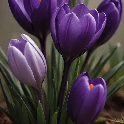 Dark Purple Crocus Flowers Blooming In A Field
